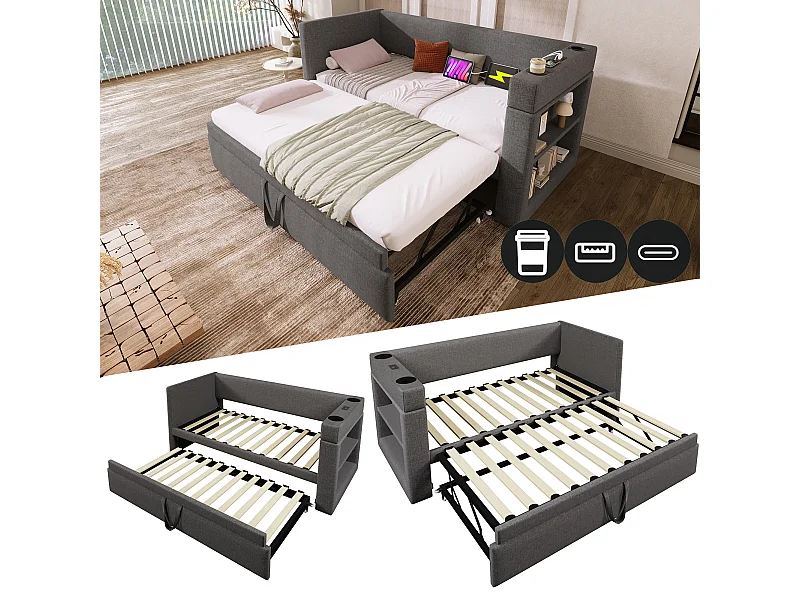Canapé-lit 90x190 cm avec lit escamotable, accoudoirs avec ports USB et Type-C, en tissu lin gris, sans matelas (207x98x74 cm)