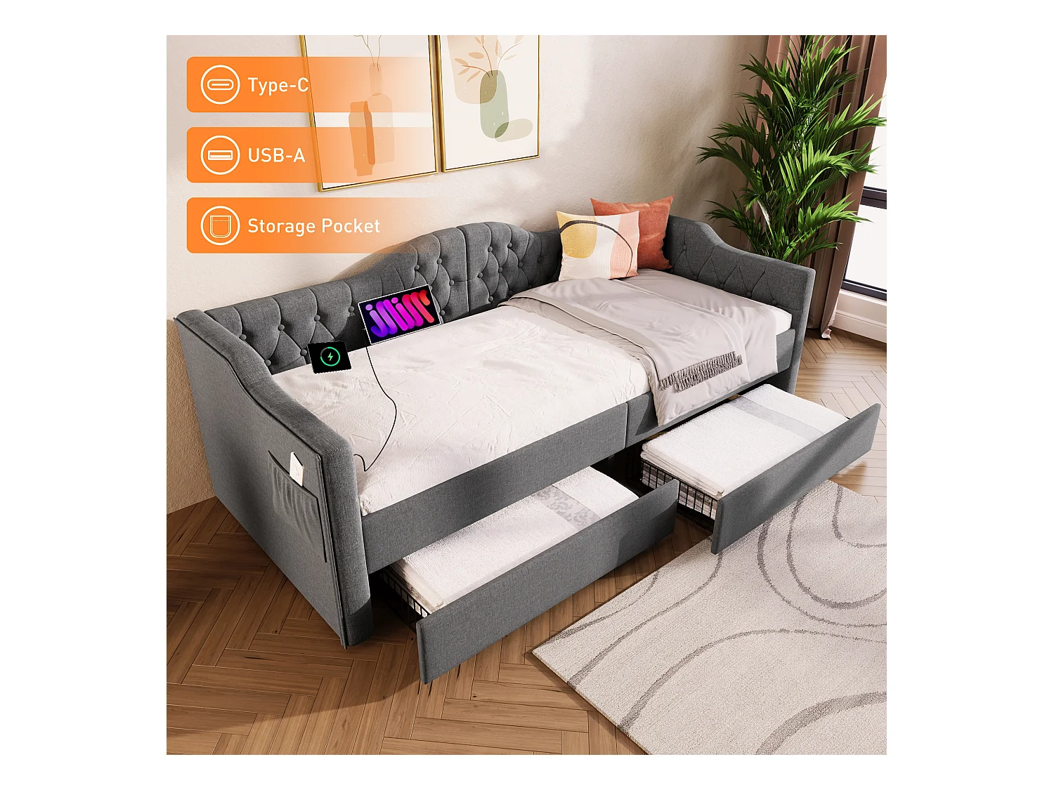 Lit banquette avec chargeur USB Type-C, cadre tapissé lin gris, 2 tiroirs de rangement, 90x200cm (215x99x86.5cm)