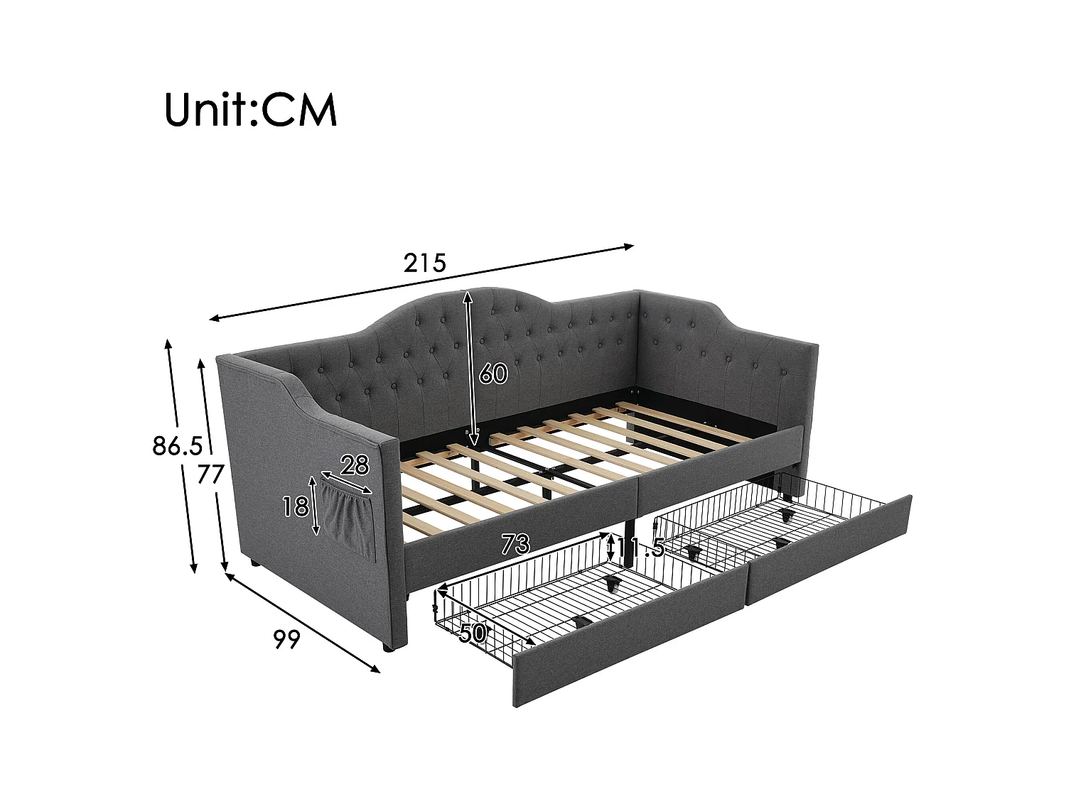 Lit banquette avec chargeur USB Type-C, cadre tapissé lin gris, 2 tiroirs de rangement, 90x200cm (215x99x86.5cm)