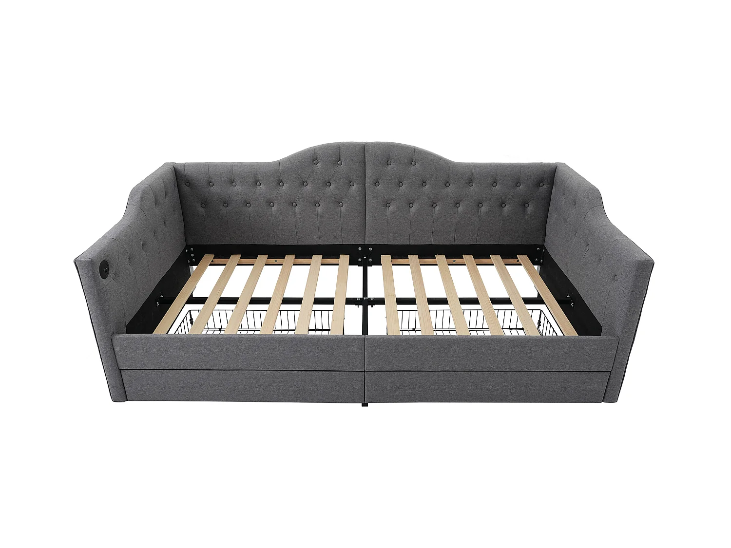 Lit banquette avec chargeur USB Type-C, cadre tapissé lin gris, 2 tiroirs de rangement, 90x200cm (215x99x86.5cm)