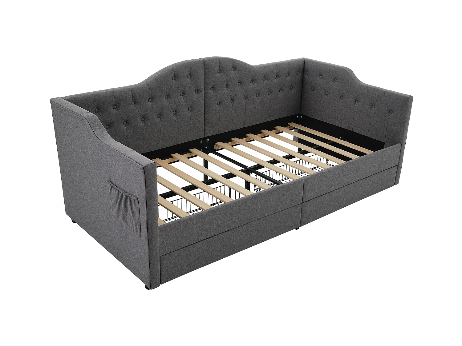 Lit banquette avec chargeur USB Type-C, cadre tapissé lin gris, 2 tiroirs de rangement, 90x200cm (215x99x86.5cm)
