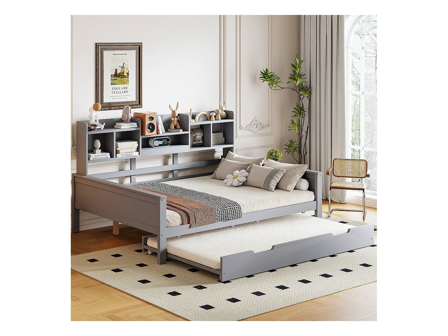 Slaapbank 140x200cm, massief hout, opklapbed 90x190cm, met opbergruimte en lattenbodem, multifunctioneel, grijs (205x147x110 cm)