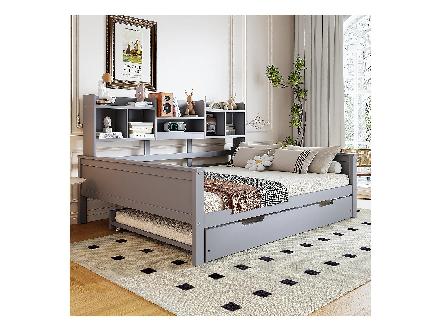 Slaapbank 140x200cm, massief hout, opklapbed 90x190cm, met opbergruimte en lattenbodem, multifunctioneel, grijs (205x147x110 cm)