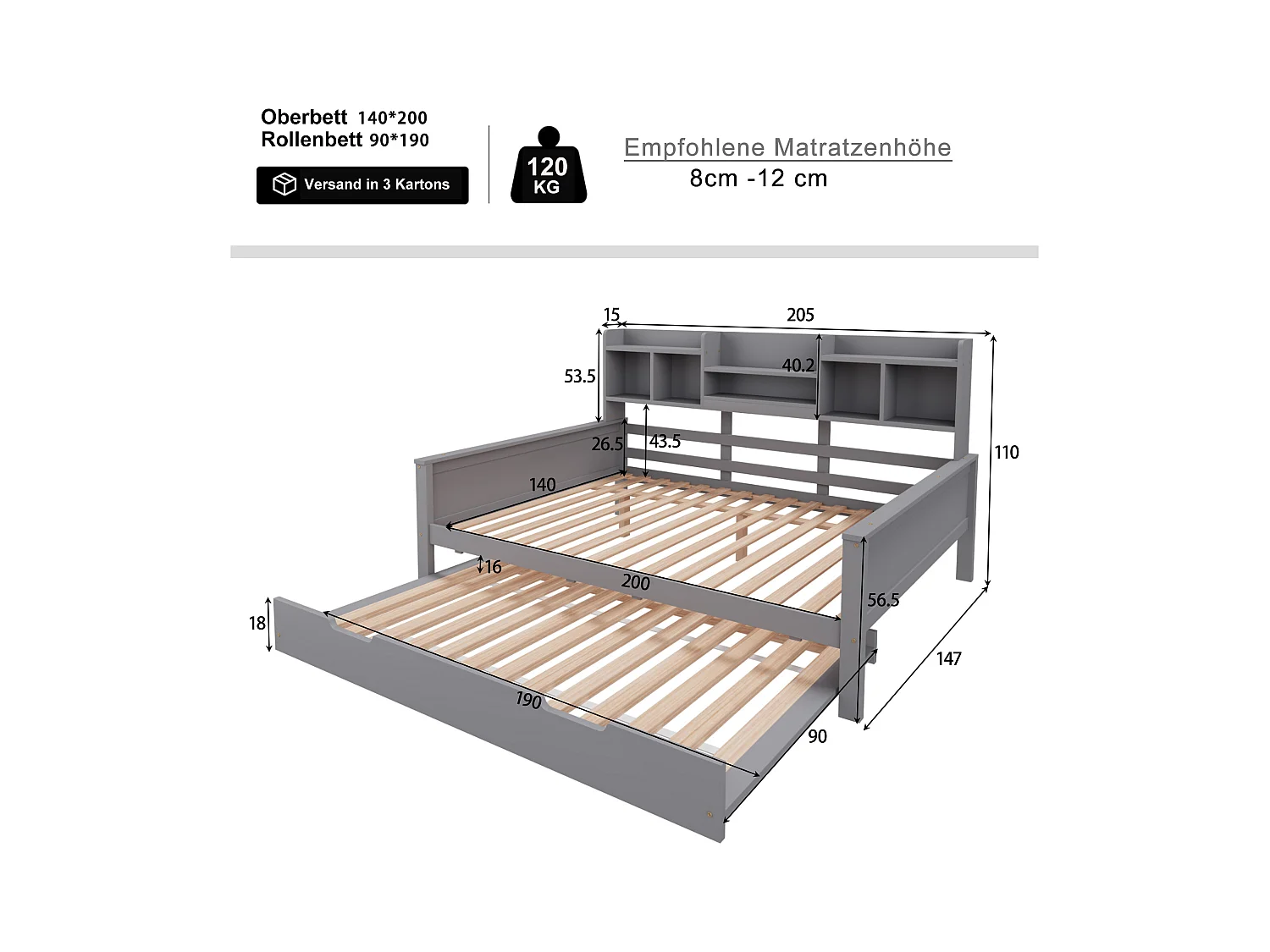 Slaapbank 140x200cm, massief hout, opklapbed 90x190cm, met opbergruimte en lattenbodem, multifunctioneel, grijs (205x147x110 cm)