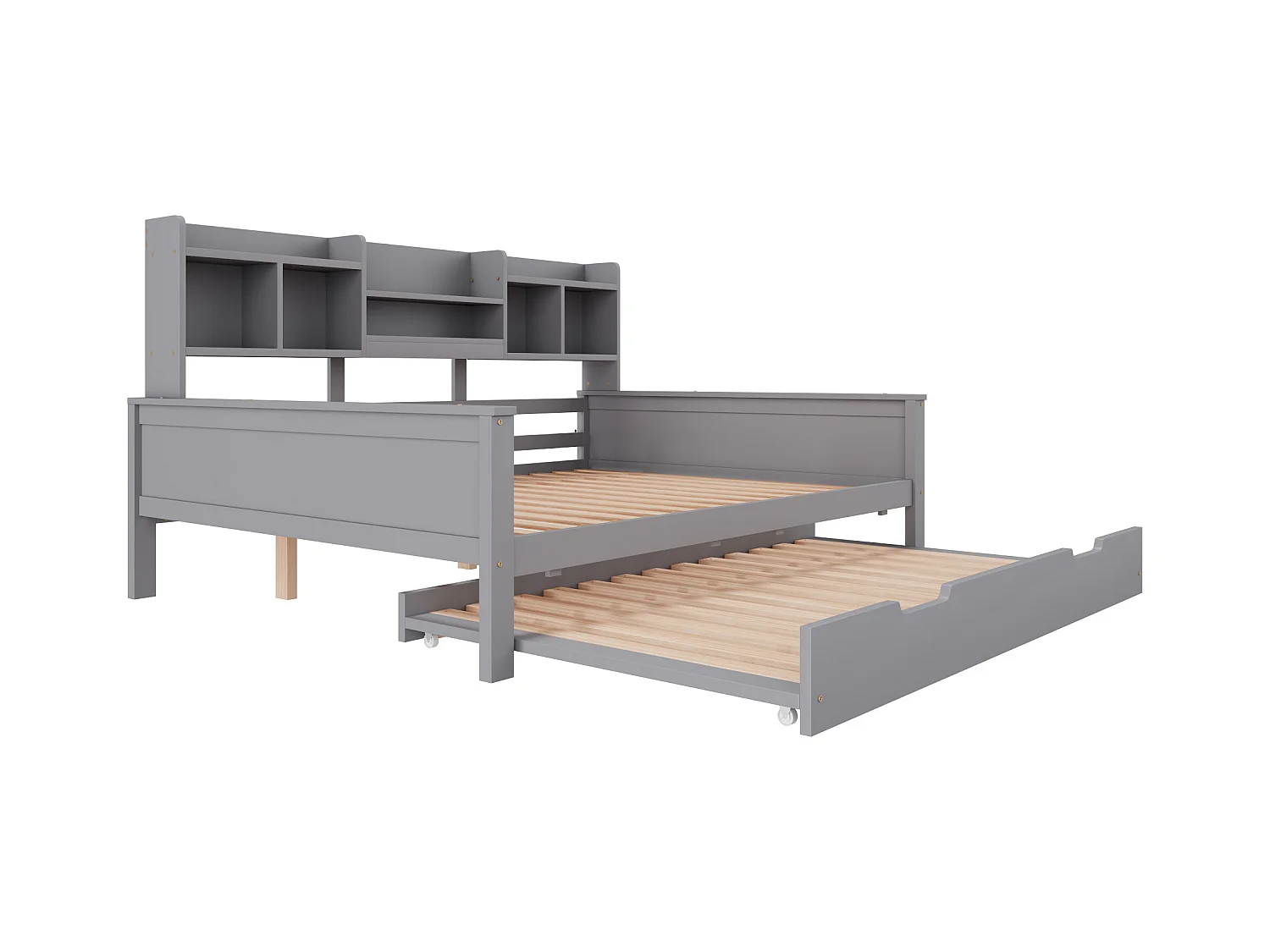 Slaapbank 140x200cm, massief hout, opklapbed 90x190cm, met opbergruimte en lattenbodem, multifunctioneel, grijs (205x147x110 cm)