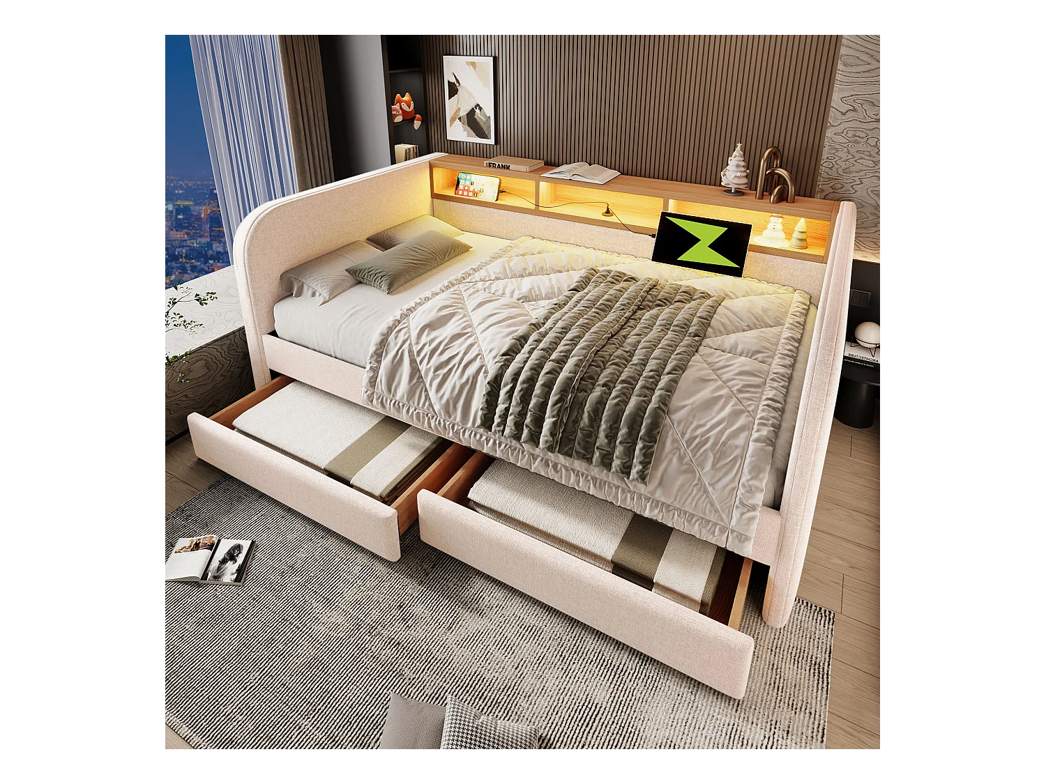 Canapé-lit 140x190 cm avec LED, Tête de Lit avec Rangement et USB-C, Lin Beige (196x157x71 cm)