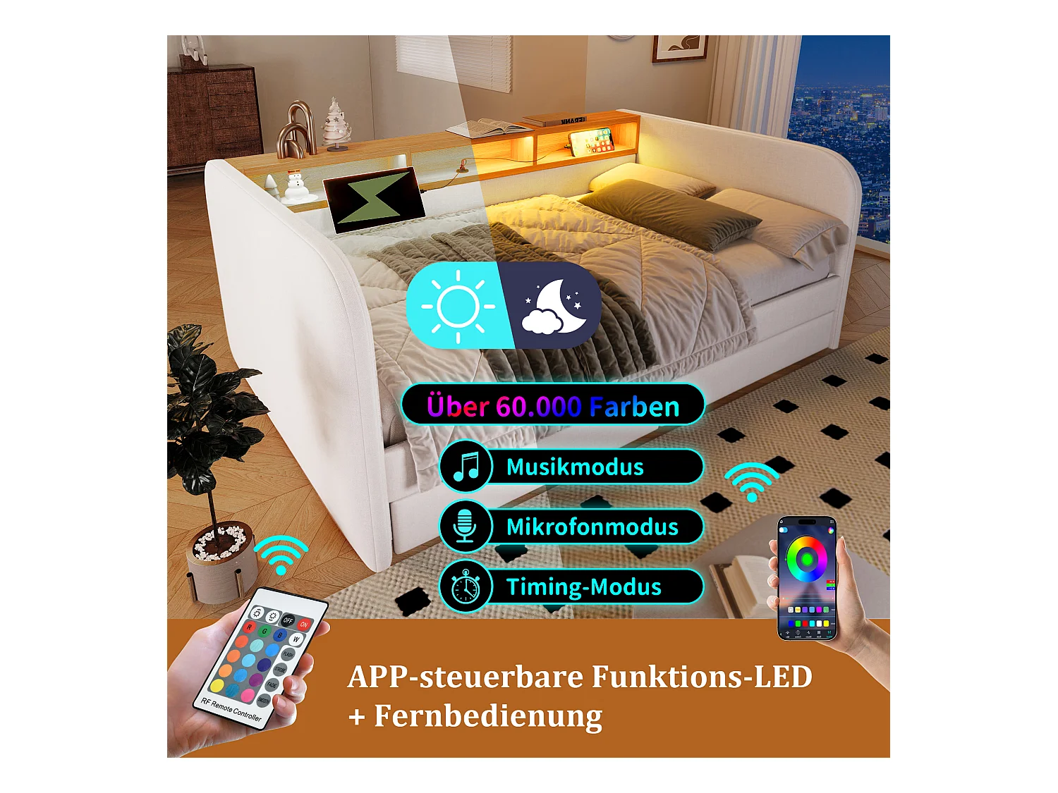 Canapé-lit 140x190 cm avec LED, Tête de Lit avec Rangement et USB-C, Lin Beige (196x157x71 cm)