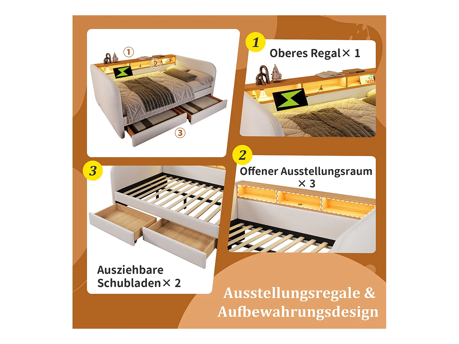 Canapé-lit 140x190 cm avec LED, Tête de Lit avec Rangement et USB-C, Lin Beige (196x157x71 cm)