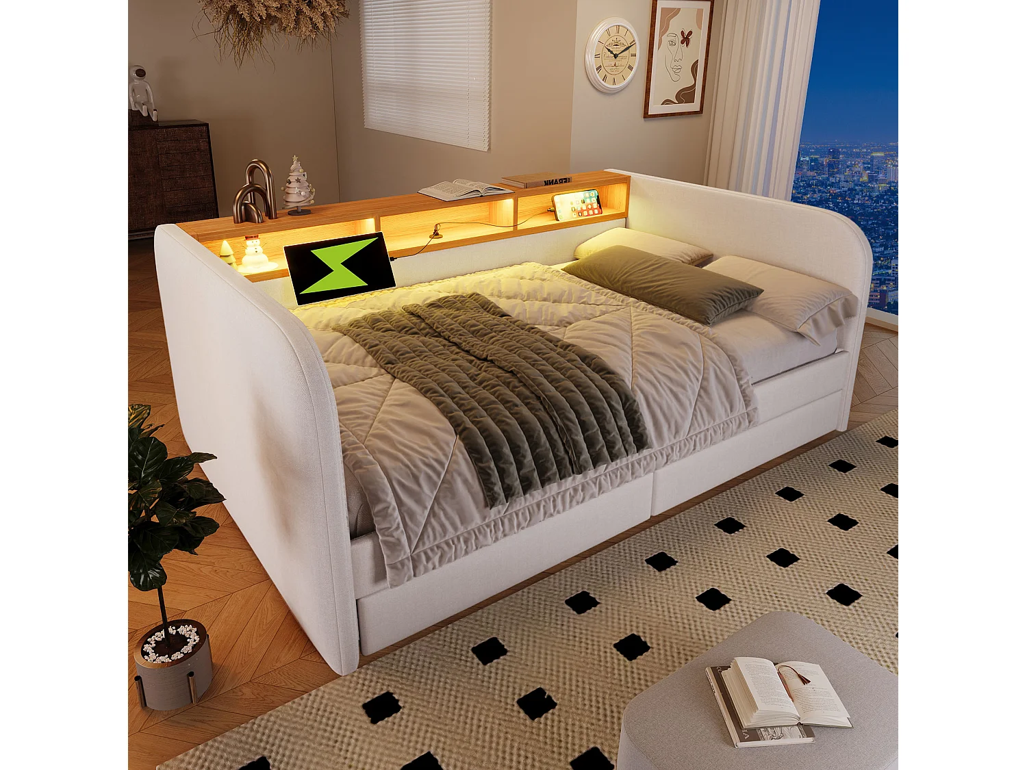Canapé-lit 140x190 cm avec LED, Tête de Lit avec Rangement et USB-C, Lin Beige (196x157x71 cm)