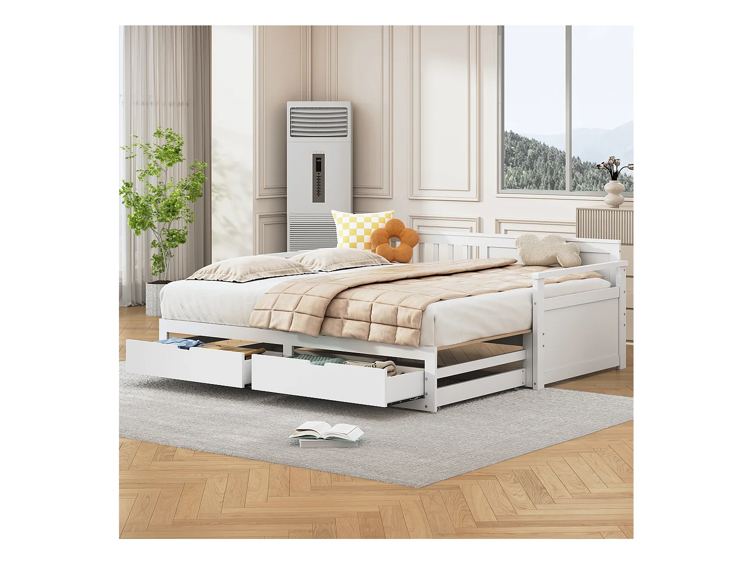 Lit banquette multifonction 90(180)x190cm avec tiroirs, bois de pin, blanc, structure robuste (197.5x184.5x76cm)