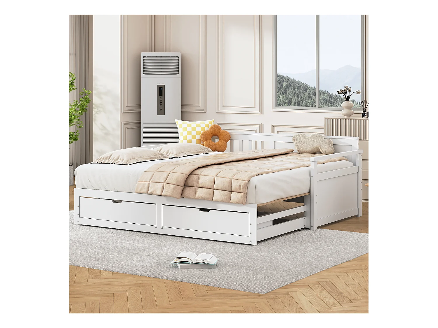 Lit banquette multifonction 90(180)x190cm avec tiroirs, bois de pin, blanc, structure robuste (197.5x184.5x76cm)