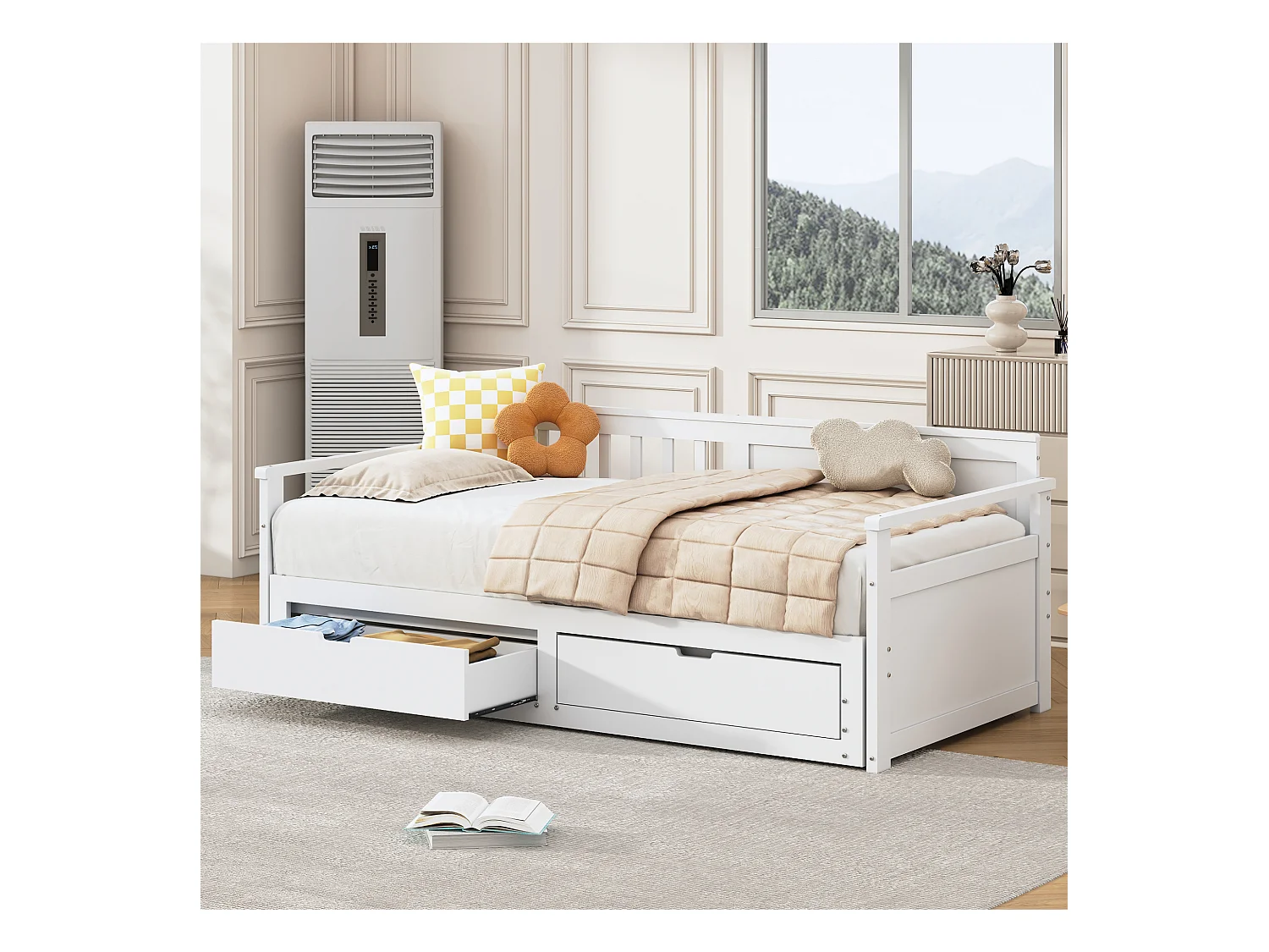 Lit banquette multifonction 90(180)x190cm avec tiroirs, bois de pin, blanc, structure robuste (197.5x184.5x76cm)