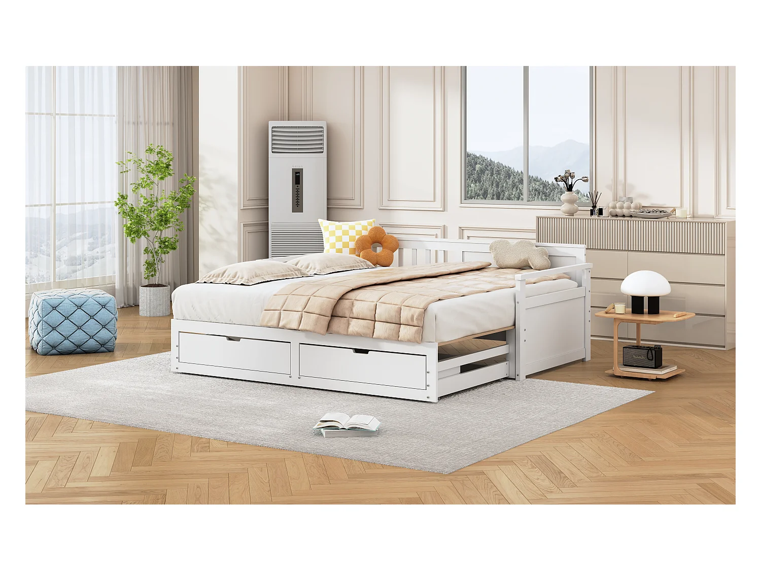 Lit banquette multifonction 90(180)x190cm avec tiroirs, bois de pin, blanc, structure robuste (197.5x184.5x76cm)