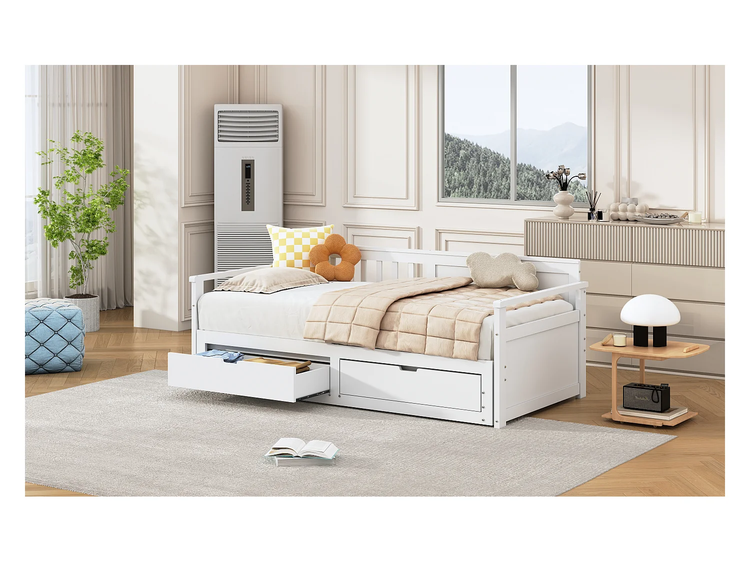 Lit banquette multifonction 90(180)x190cm avec tiroirs, bois de pin, blanc, structure robuste (197.5x184.5x76cm)