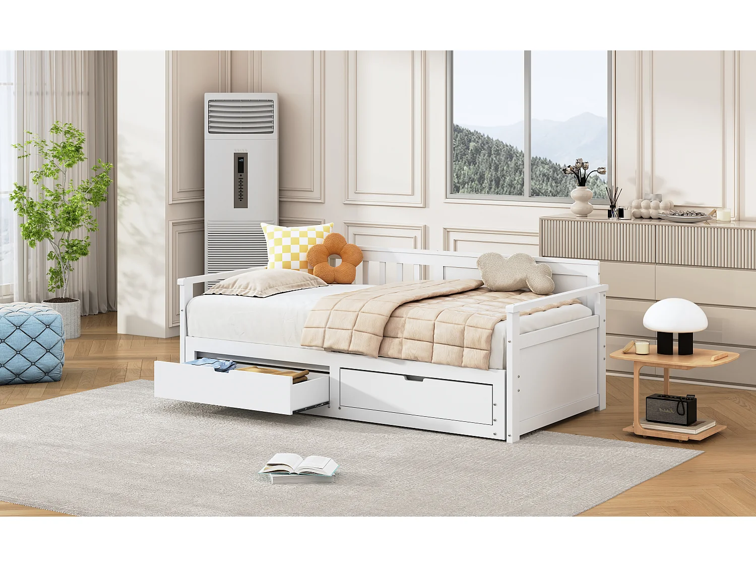 Multifunctioneel slaapbankje 90(180)x190cm met lades, grenenhout, wit, stevige constructie (197,5x184,5x76cm)