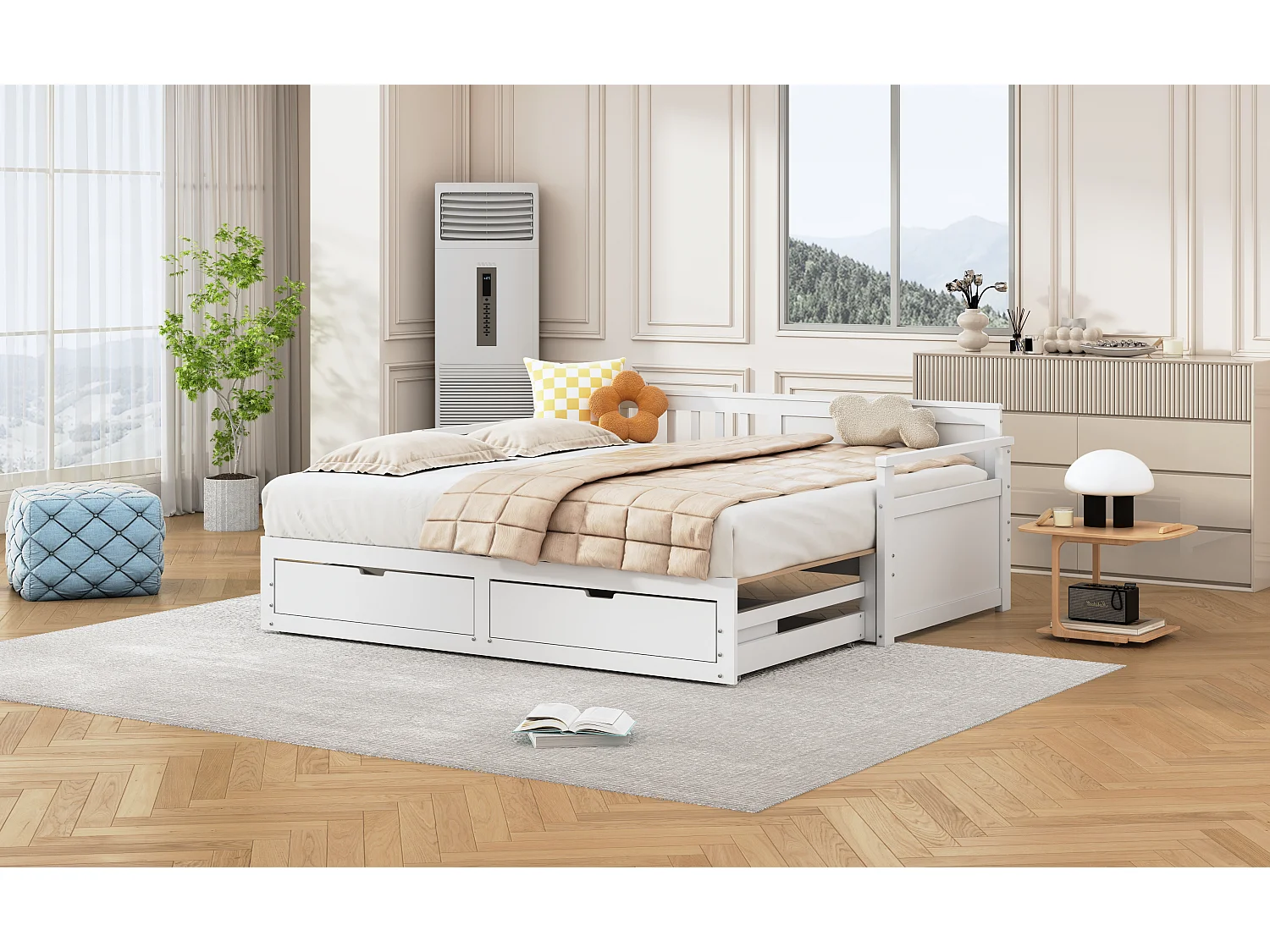 Multifunctioneel slaapbankje 90(180)x190cm met lades, grenenhout, wit, stevige constructie (197,5x184,5x76cm)