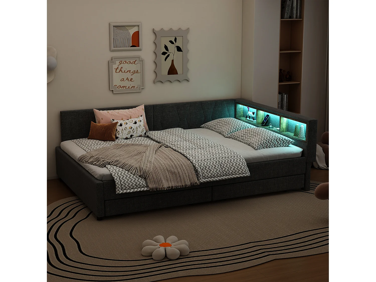 Daybett 140x200cm, Lit de jour, Canapé-lit, Rangement intégré, USB + Type-C, Télécommande LED, Lit extractible, Sommier (sans matelas), Lin, Gris (210x94.5x71 cm)