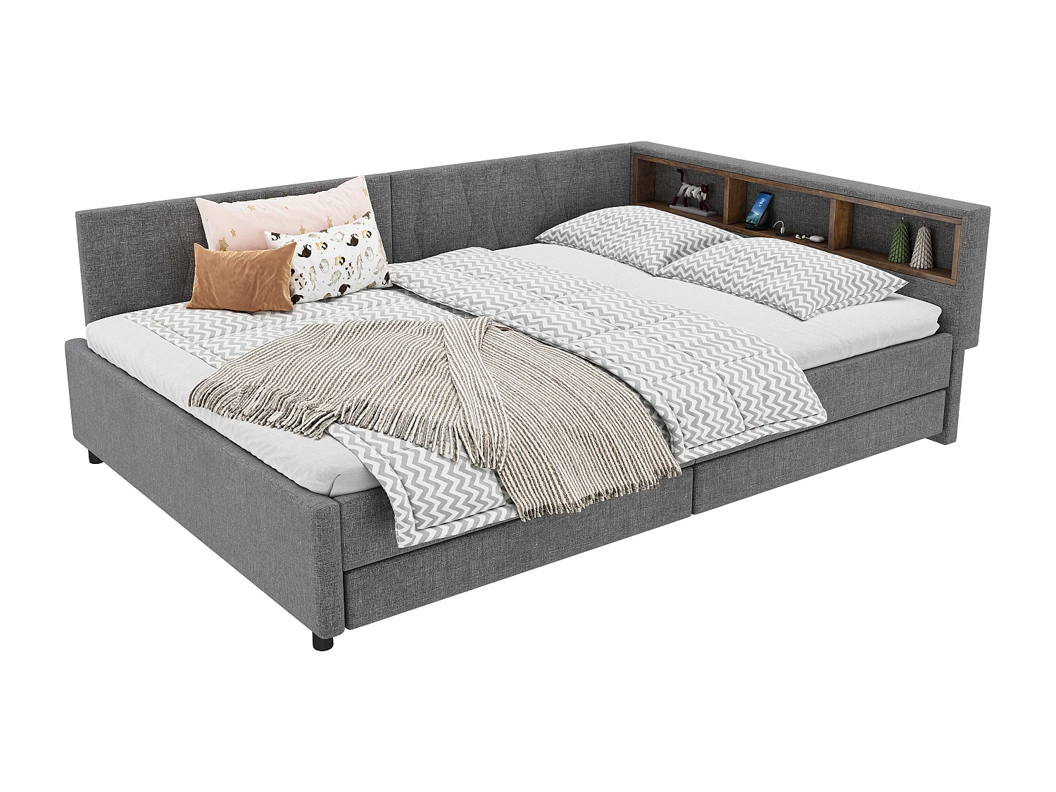 Daybett 140x200cm, Lit de jour, Canapé-lit, Rangement intégré, USB + Type-C, Télécommande LED, Lit extractible, Sommier (sans matelas), Lin, Gris (210x94.5x71 cm)