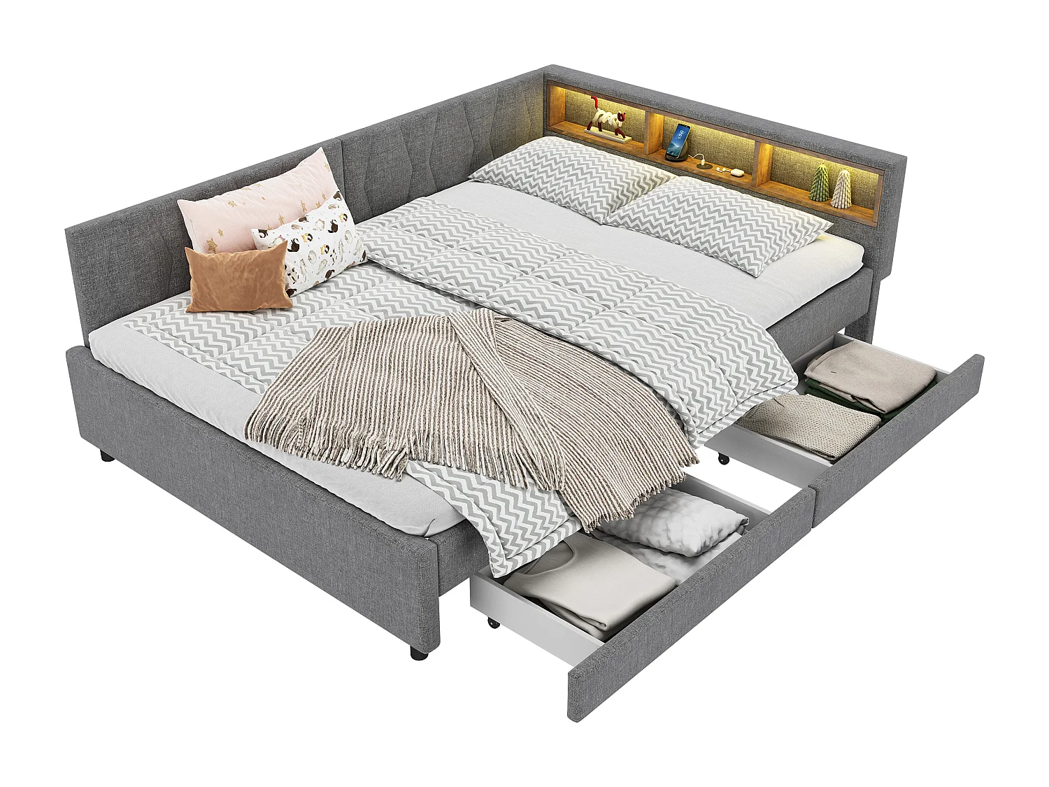 Daybett 140x200cm, Lit de jour, Canapé-lit, Rangement intégré, USB + Type-C, Télécommande LED, Lit extractible, Sommier (sans matelas), Lin, Gris (210x94.5x71 cm)