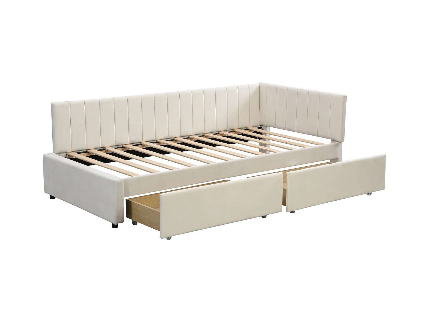 Canapé-lit multifonction 90 x 200 cm, lit avec 2 grands tiroirs de rangement, tissu velours beige (205x97x68 cm)