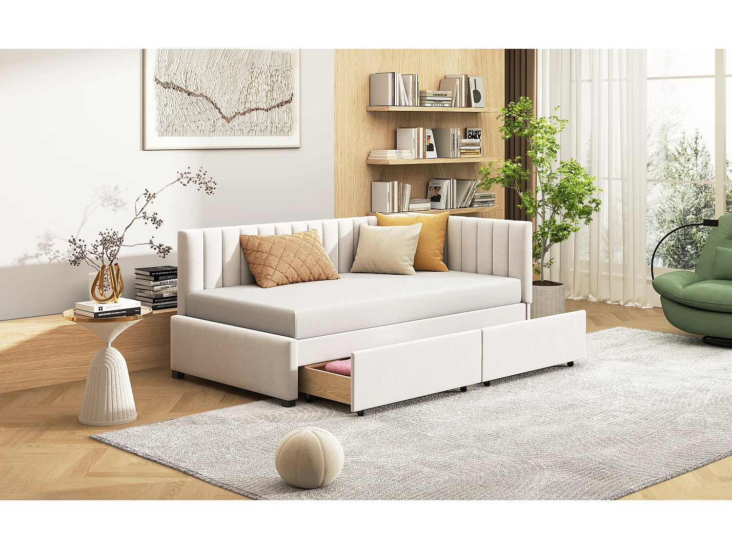 Canapé-lit multifonction 90 x 200 cm, lit avec 2 grands tiroirs de rangement, tissu velours beige (205x97x68 cm)