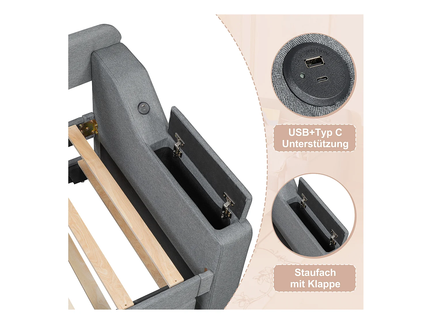 Canapé-lit 90x200cm avec sommier à lattes, lit escamotable avec coffre de rangement, USB+Type-C, lin, gris (220x188x74 cm)