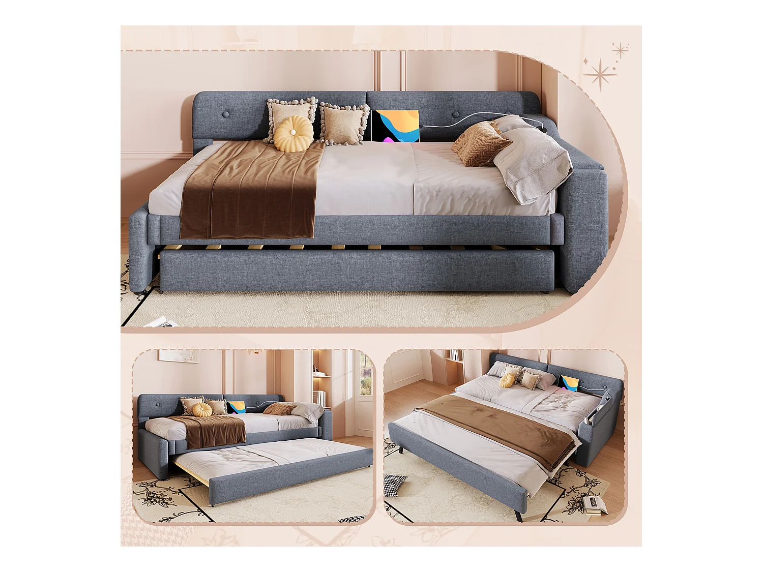 Canapé-lit 90x200cm avec sommier à lattes, lit escamotable avec coffre de rangement, USB+Type-C, lin, gris (220x188x74 cm)