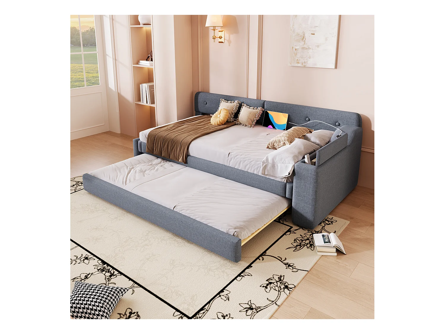 Canapé-lit 90x200cm avec sommier à lattes, lit escamotable avec coffre de rangement, USB+Type-C, lin, gris (220x188x74 cm)