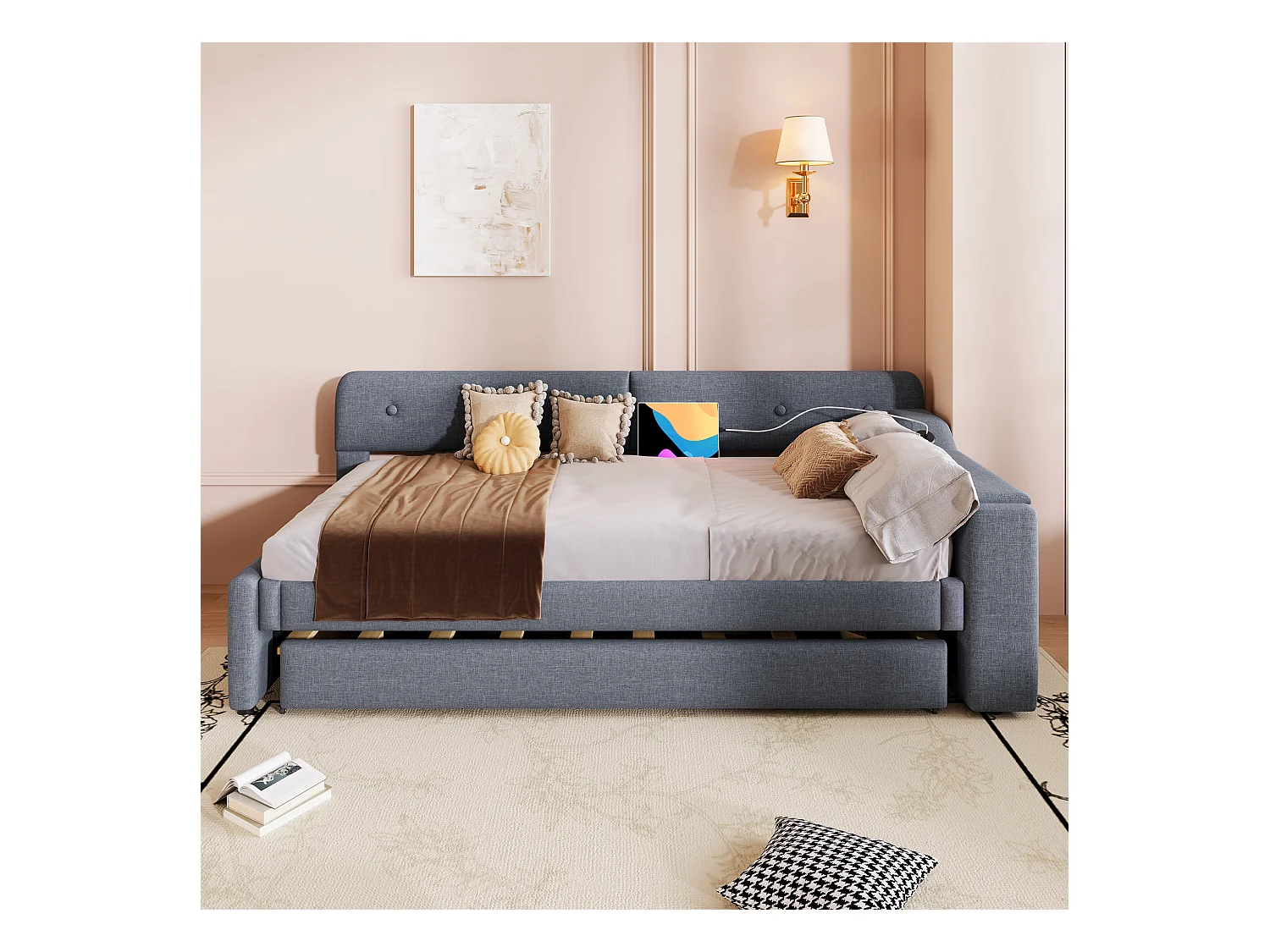 Canapé-lit 90x200cm avec sommier à lattes, lit escamotable avec coffre de rangement, USB+Type-C, lin, gris (220x188x74 cm)