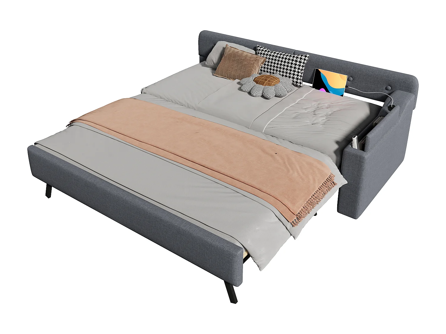 Canapé-lit 90x200cm avec sommier à lattes, lit escamotable avec coffre de rangement, USB+Type-C, lin, gris (220x188x74 cm)