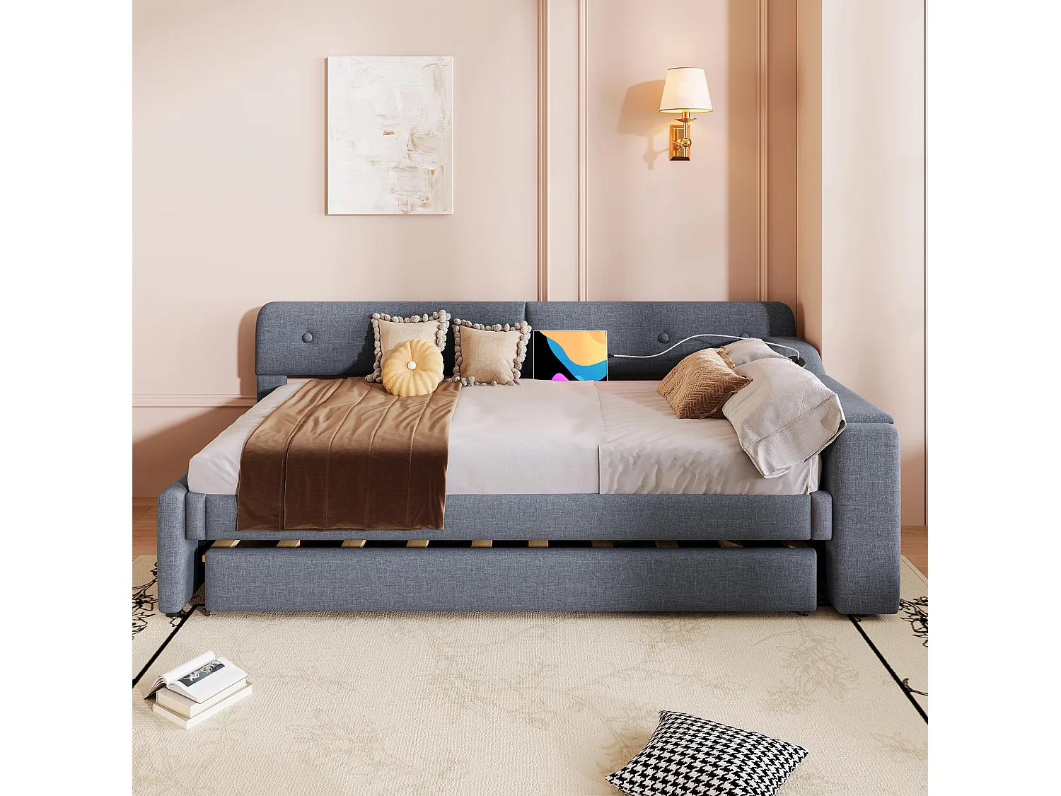 Canapé-lit 90x200cm avec sommier à lattes, lit escamotable avec coffre de rangement, USB+Type-C, lin, gris (220x188x74 cm)