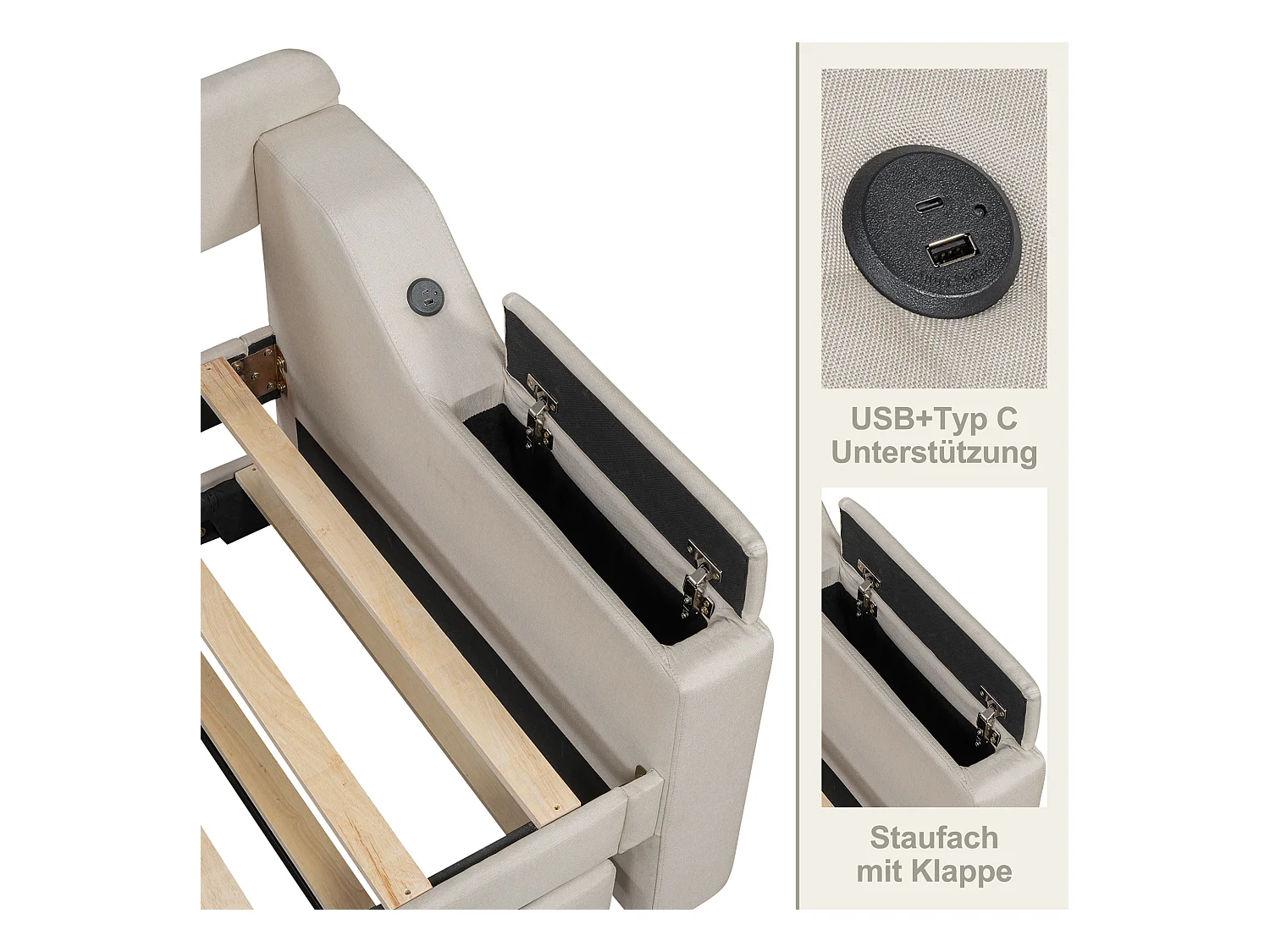 Canapé-lit 90x200cm, avec sommier à lattes, lit escamotable avec coffre de rangement, USB+Type-C, lin, beige (220x188x74 cm)
