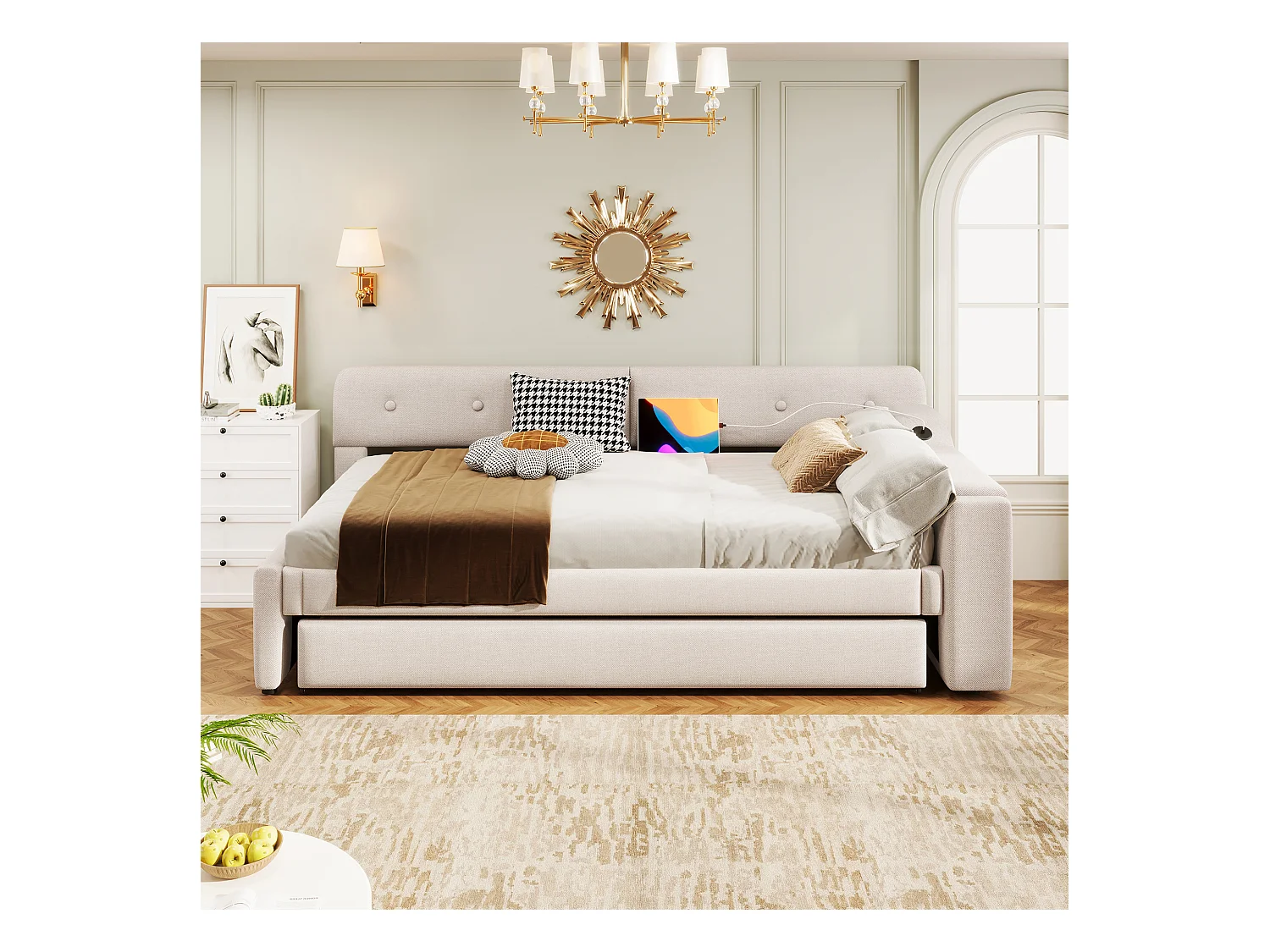 Canapé-lit 90x200cm, avec sommier à lattes, lit escamotable avec coffre de rangement, USB+Type-C, lin, beige (220x188x74 cm)