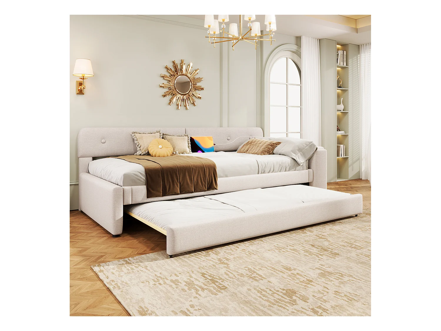 Canapé-lit 90x200cm, avec sommier à lattes, lit escamotable avec coffre de rangement, USB+Type-C, lin, beige (220x188x74 cm)