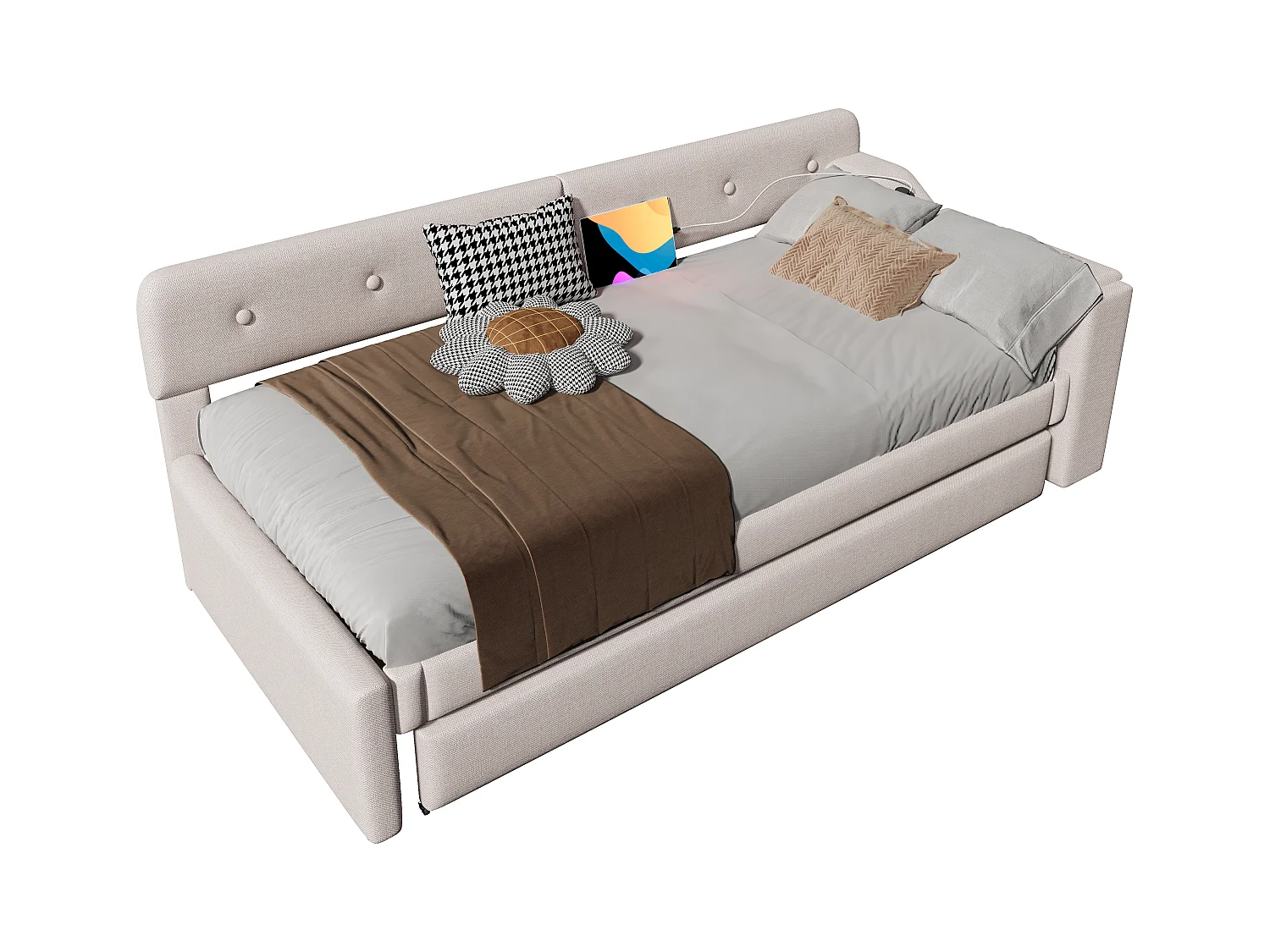 Canapé-lit 90x200cm, avec sommier à lattes, lit escamotable avec coffre de rangement, USB+Type-C, lin, beige (220x188x74 cm)