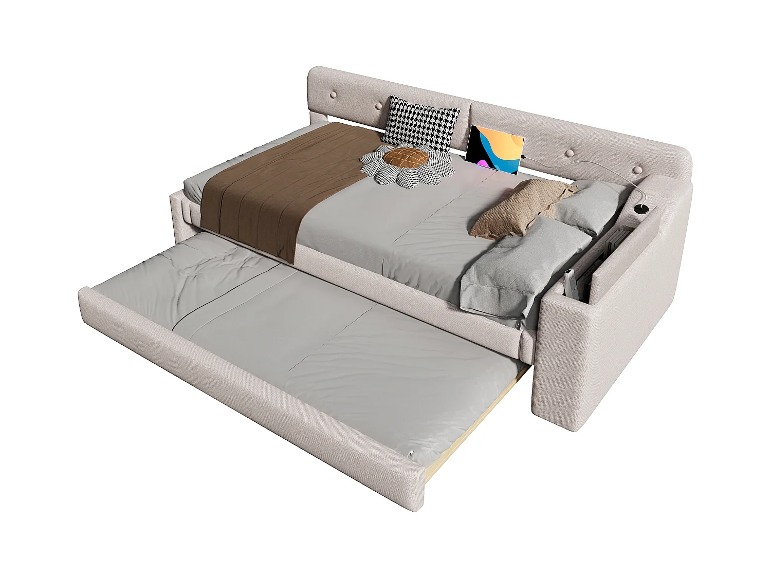 Canapé-lit 90x200cm, avec sommier à lattes, lit escamotable avec coffre de rangement, USB+Type-C, lin, beige (220x188x74 cm)