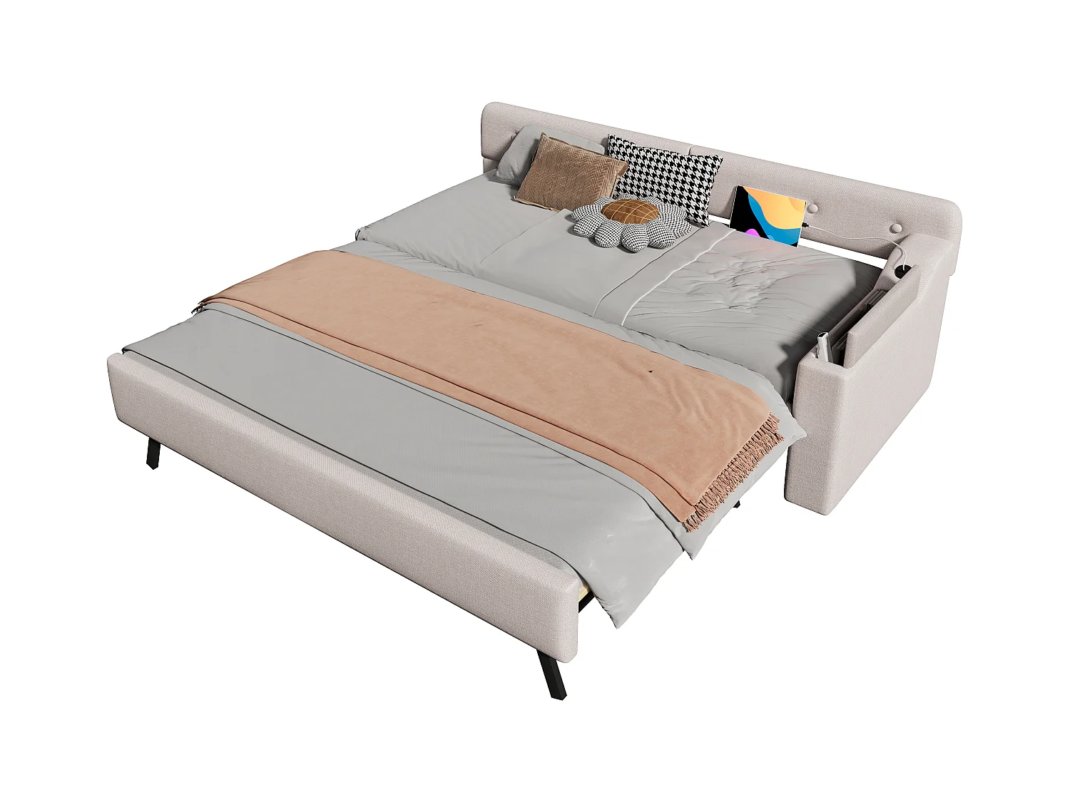 Canapé-lit 90x200cm, avec sommier à lattes, lit escamotable avec coffre de rangement, USB+Type-C, lin, beige (220x188x74 cm)