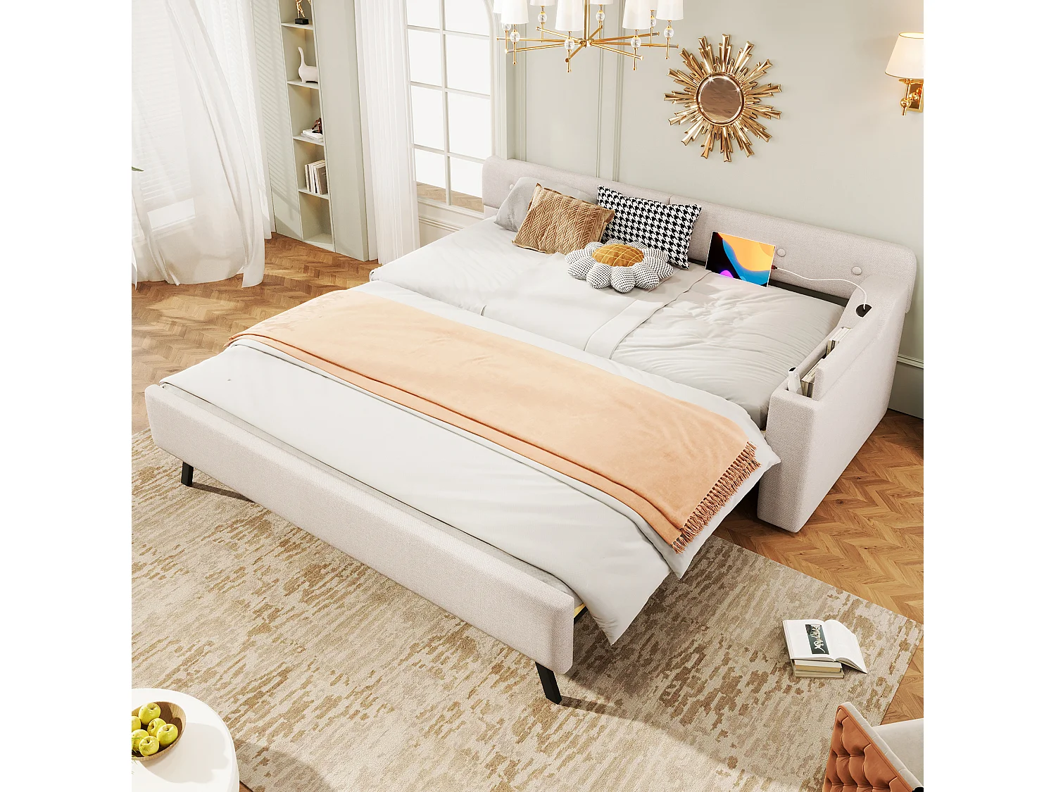Sofá cama de 90 x 200 cm, con somier de láminas, cama plegable con compartimento de almacenaje, USB + Tipo C, lino, beige (220 x 188 x 74 cm)