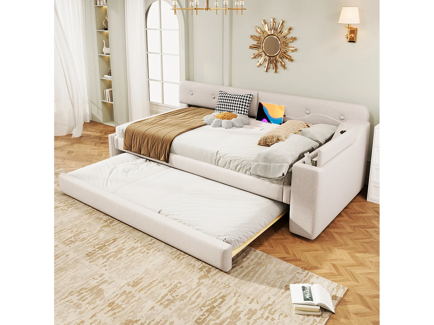 Sofá cama de 90 x 200 cm, con somier de láminas, cama plegable con compartimento de almacenaje, USB + Tipo C, lino, beige (220 x 188 x 74 cm)