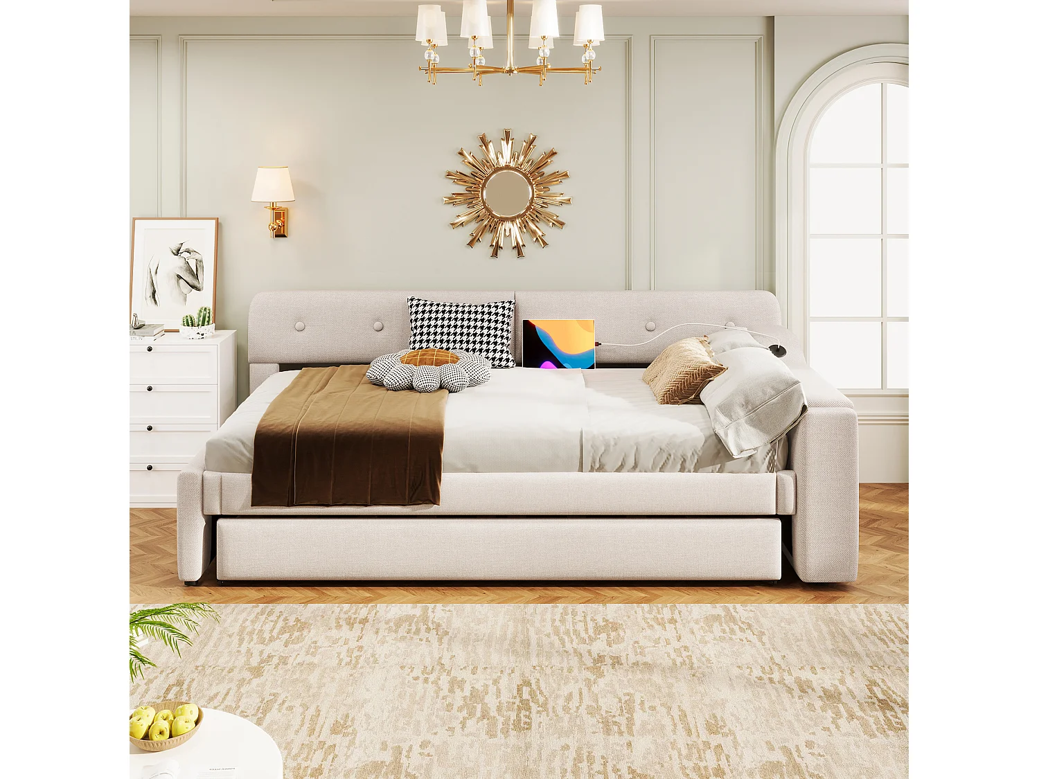 Sofá cama de 90 x 200 cm, con somier de láminas, cama plegable con compartimento de almacenaje, USB + Tipo C, lino, beige (220 x 188 x 74 cm)