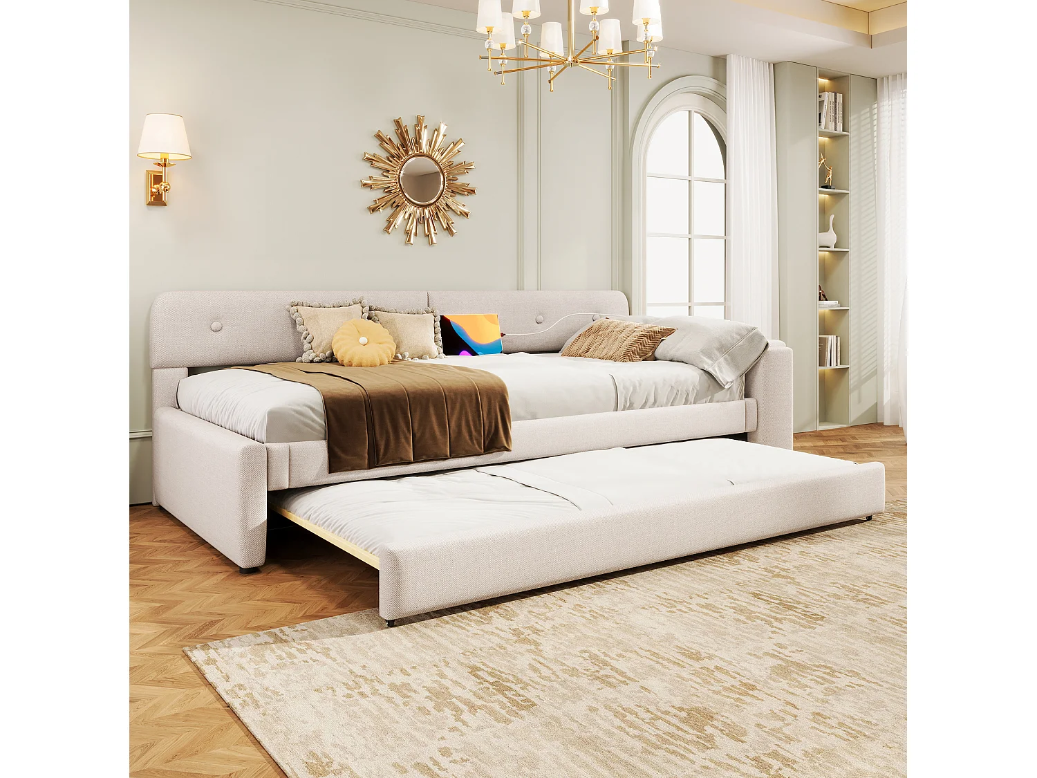 Sofá cama de 90 x 200 cm, con somier de láminas, cama plegable con compartimento de almacenaje, USB + Tipo C, lino, beige (220 x 188 x 74 cm)