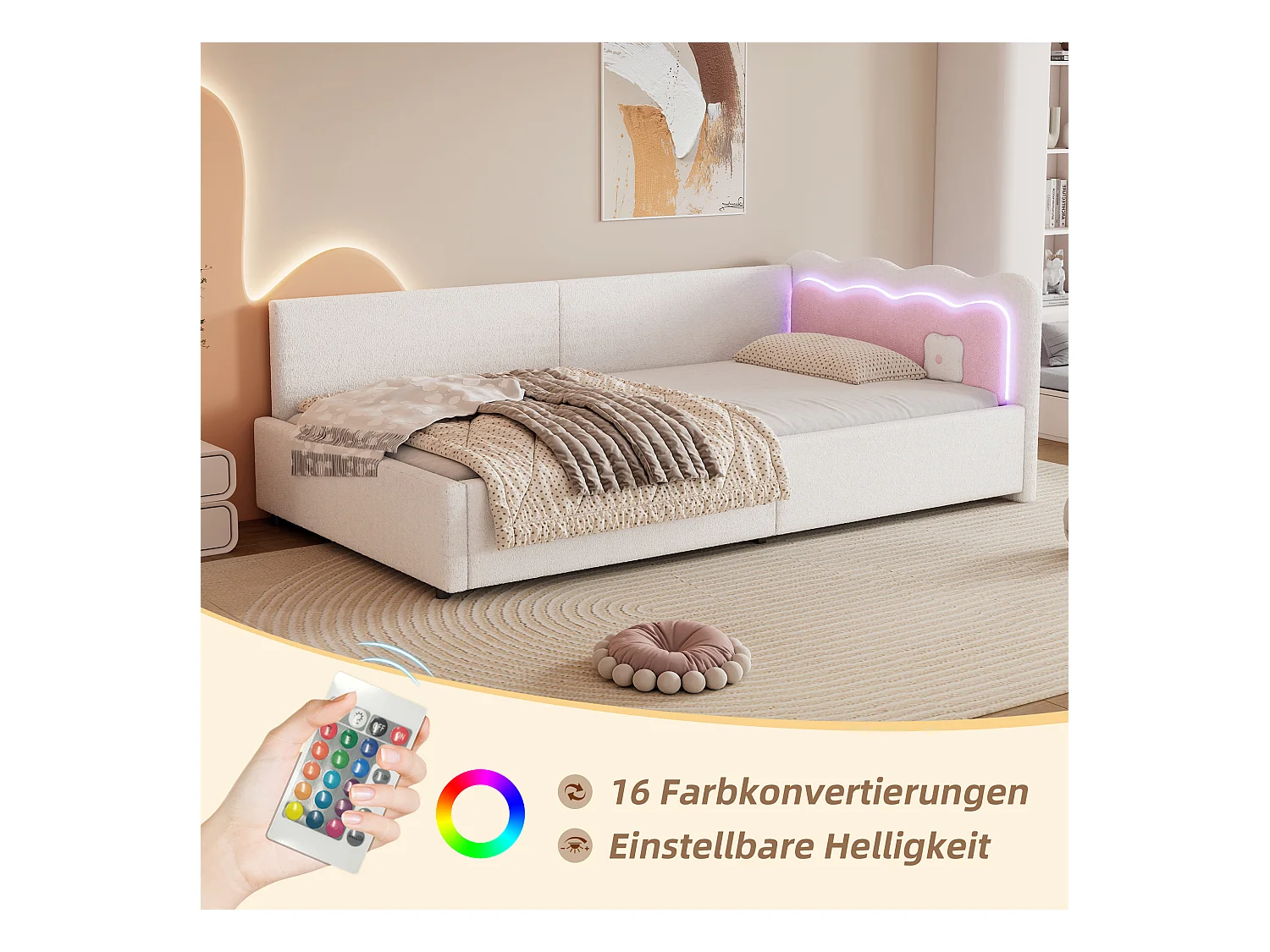 Daybett 90x200cm, Lit de jour, Canapé-lit, Rangement intégré, USB + Type C, Télécommande LED, Lit avec sommier (sans matelas), Velours, Blanc (209x98x69 cm)