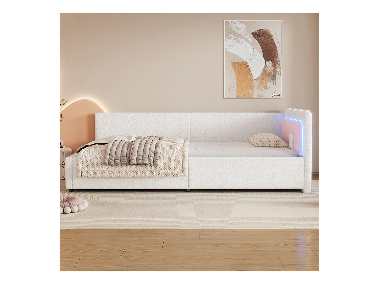 Daybett 90x200cm, Lit de jour, Canapé-lit, Rangement intégré, USB + Type C, Télécommande LED, Lit avec sommier (sans matelas), Velours, Blanc (209x98x69 cm)