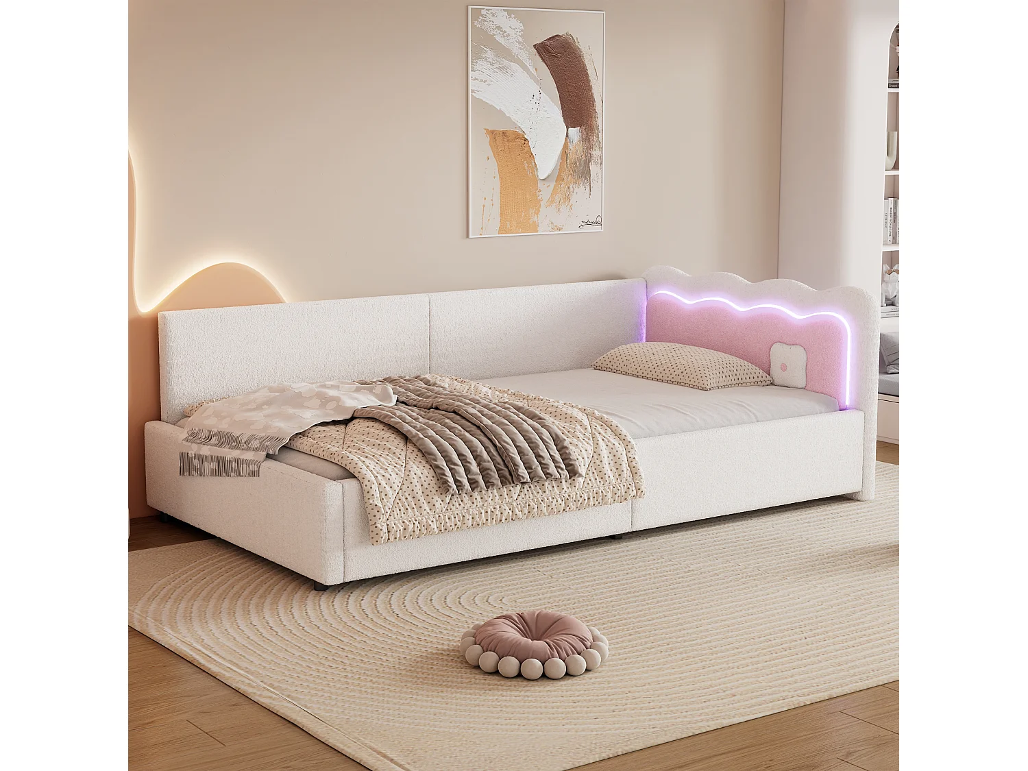 Daybett 90x200cm, Lit de jour, Canapé-lit, Rangement intégré, USB + Type C, Télécommande LED, Lit avec sommier (sans matelas), Velours, Blanc (209x98x69 cm)