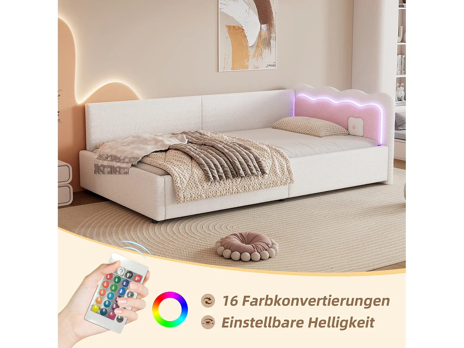 Daybett 90x200cm, Lit de jour, Canapé-lit, Rangement intégré, USB + Type C, Télécommande LED, Lit avec sommier (sans matelas), Velours, Blanc (209x98x69 cm)