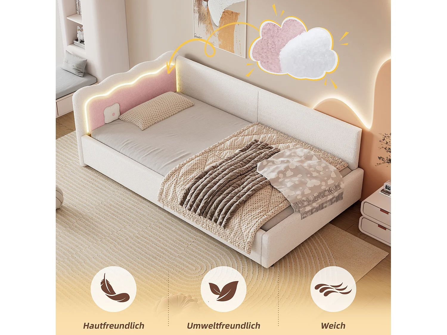 Daybett 90x200cm, Lit de jour, Canapé-lit, Rangement intégré, USB + Type C, Télécommande LED, Lit avec sommier (sans matelas), Velours, Blanc (209x98x69 cm)