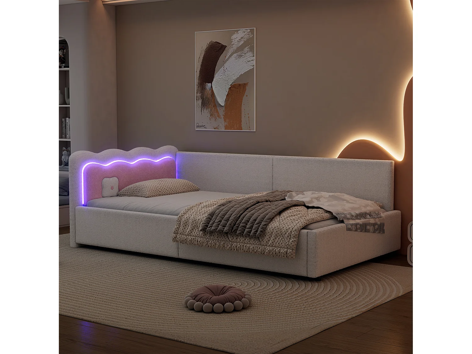 Daybett 90x200cm, Lit de jour, Canapé-lit, Rangement intégré, USB + Type C, Télécommande LED, Lit avec sommier (sans matelas), Velours, Blanc (209x98x69 cm)