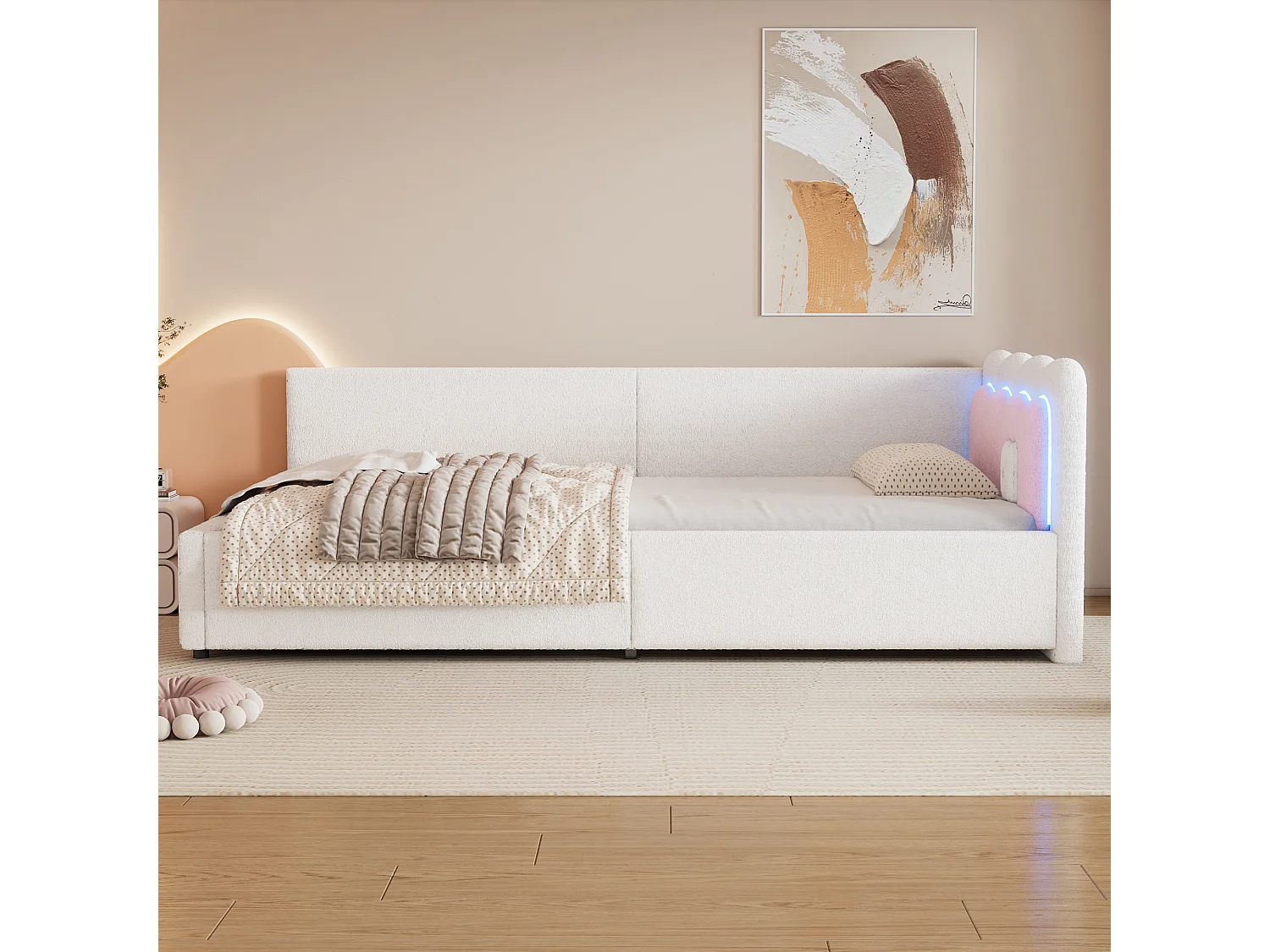 Daybett 90x200cm, Lit de jour, Canapé-lit, Rangement intégré, USB + Type C, Télécommande LED, Lit avec sommier (sans matelas), Velours, Blanc (209x98x69 cm)