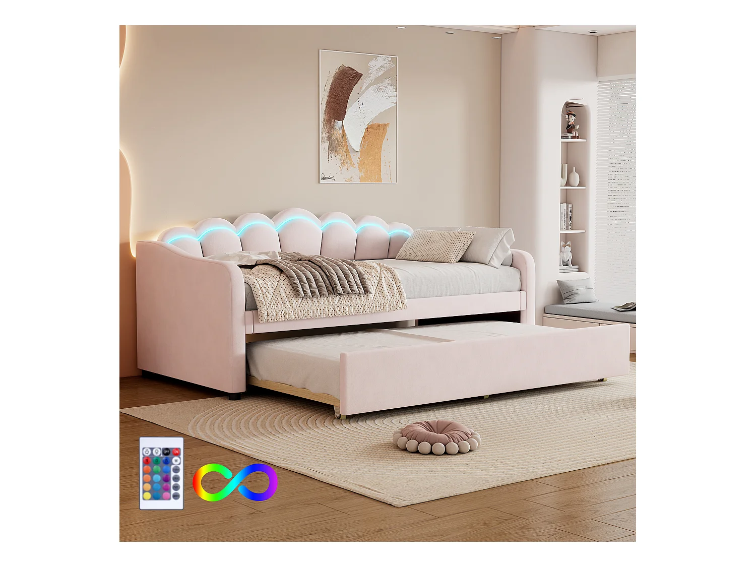 Canapé-lit 90x200cm avec lit escamotable, design minimaliste, Velours, Rose, avec éclairage LED multicolore (213x99x87 cm)