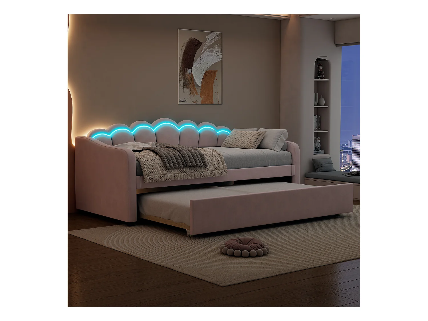 Canapé-lit 90x200cm avec lit escamotable, design minimaliste, Velours, Rose, avec éclairage LED multicolore (213x99x87 cm)